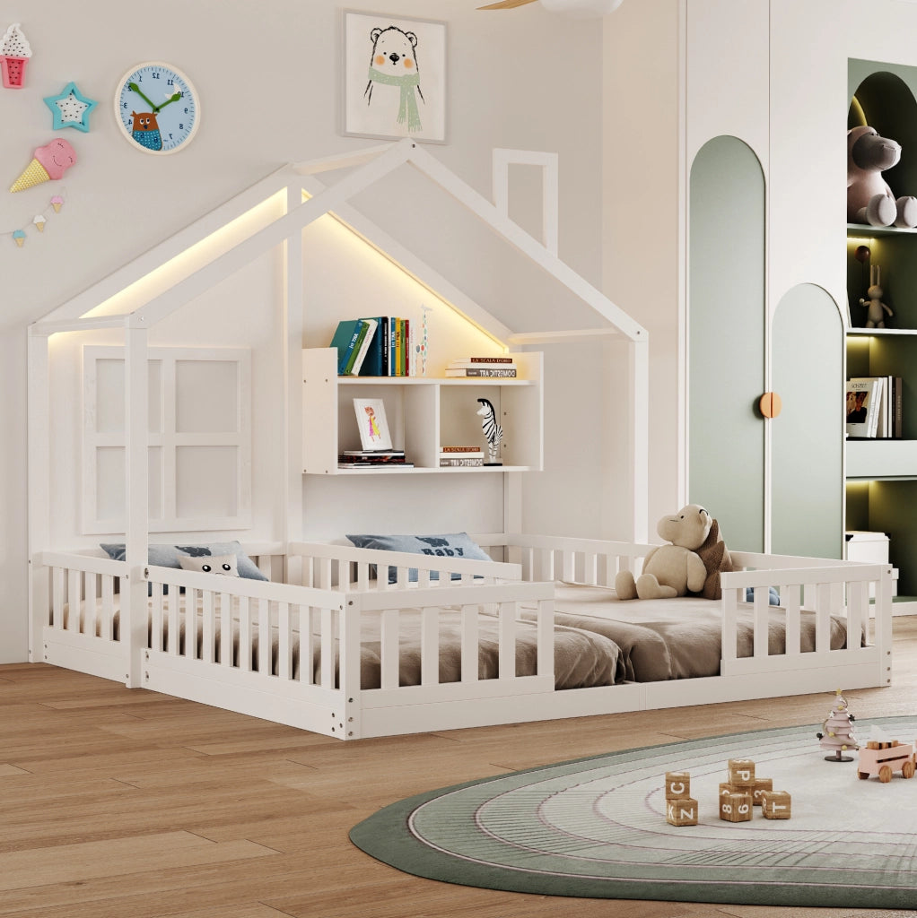 Letto doppio per bambini 2x90x200 cm con LED, ripiani e struttura in legno bianco
