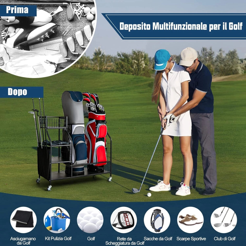 Organizer per Sacca da Golf per Garage, Carrello per 2 Borse da Golf con Ruote Bloccabili, Ganci e Tasche Porta Mazze da Golf, Organizer per Accessori da Golf e Attrezzature