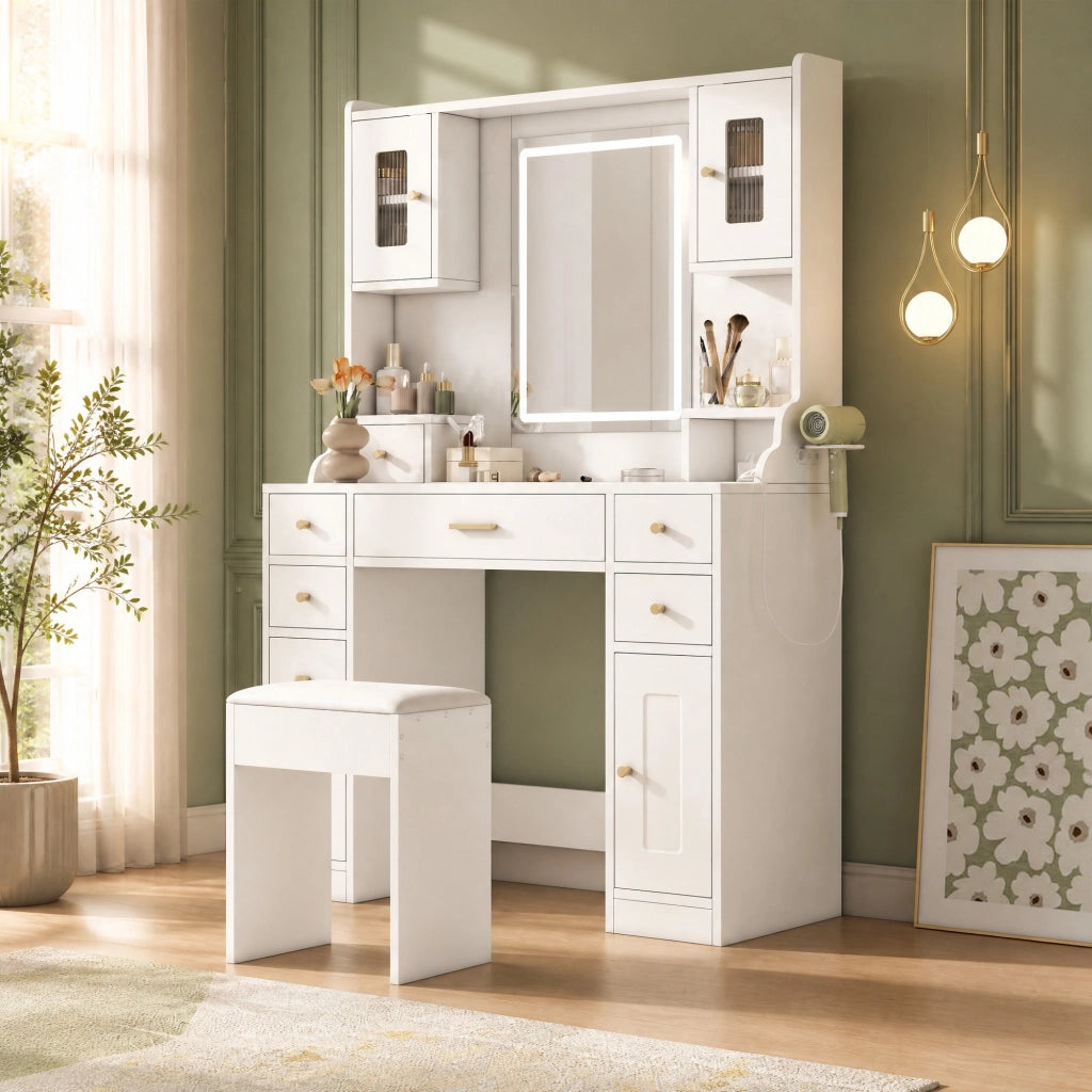 Toeletta con specchio illuminato regolabile, prese integrate, 6 cassetti e 4 ante per ordine