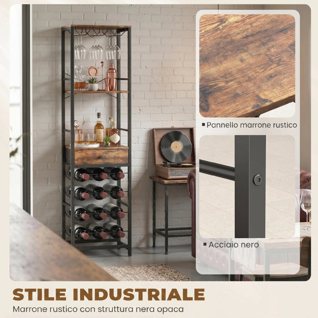 Mobile Bar con Cassetto e Portabicchieri ¨C Minimal ¨C Marrone Rustico