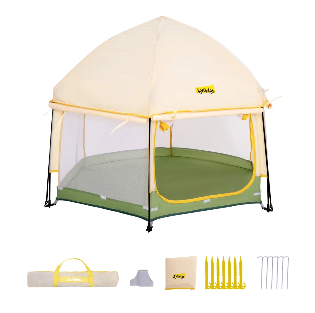Recinto gioco pop-up ULEVR 150x150x105 cm con tettuccio removibile e pareti in rete, verde e giallo