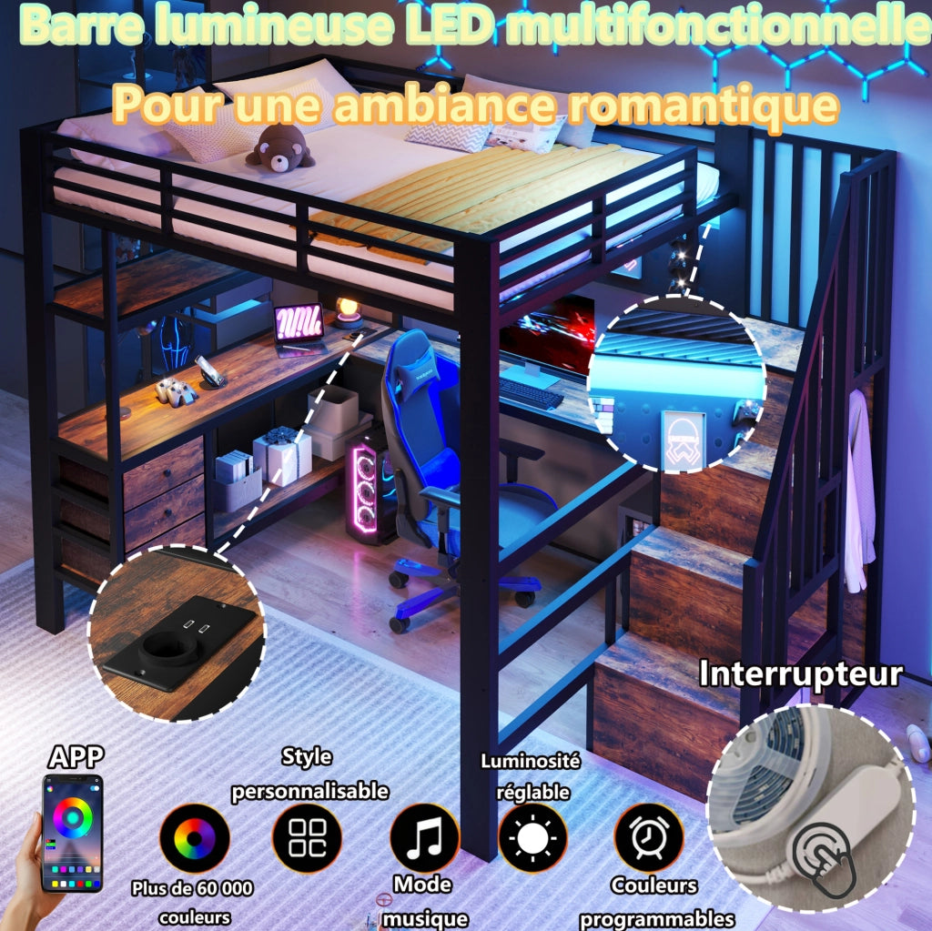 Letto a soppalco in metallo 140x200 cm con scrivania, cassetti, pannello perforato, presa elettrica e luce LED, nero
