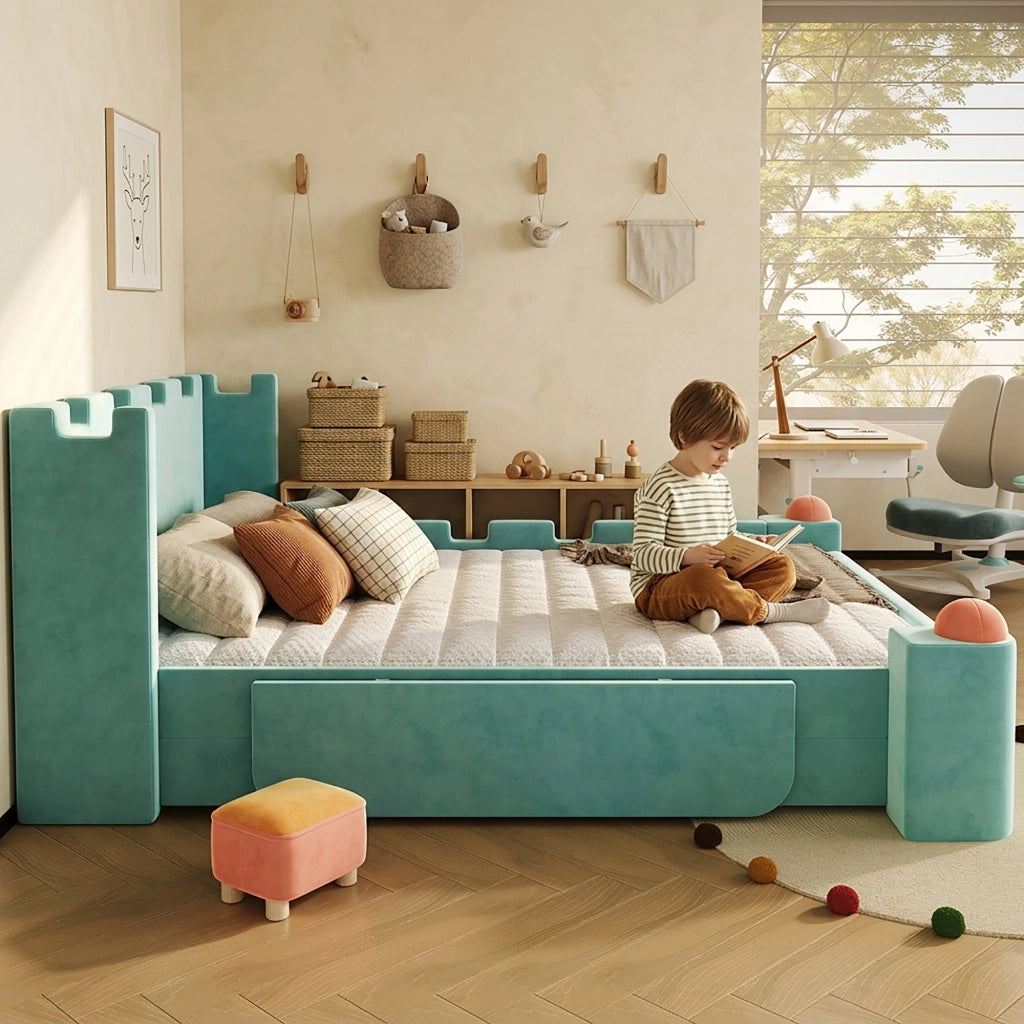 letto matrimoniale legno e tessuto blaugreen 140x200 cm