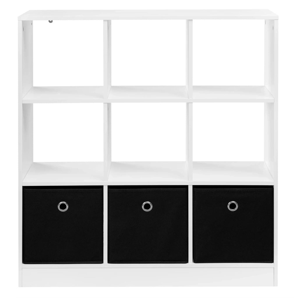 Libreria a cubi bianca e nera con 3 cassetti in tessuto, 80x86,5x30 cm, mensola indipendente per soggiorno e cucina