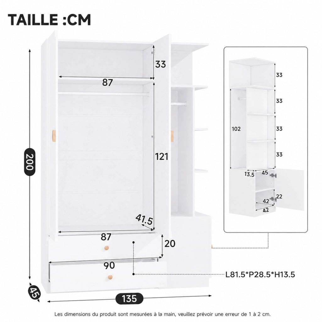 Armadio ULEVR 135x45x200 cm bianco con 2 barre appendiabiti, 2 cassetti e modulo laterale aperto