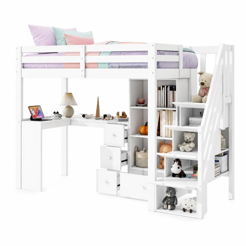Letto a soppalco per bambini 90x200 cm bianco con scrivania, pino e MDF