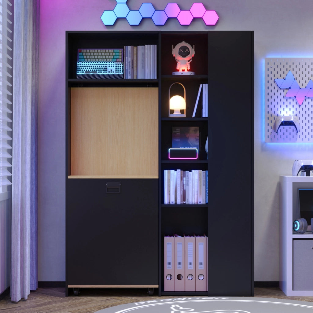 Scrivania pieghevole multifunzionale con ripiani e prese USB - per studio - nero rovere