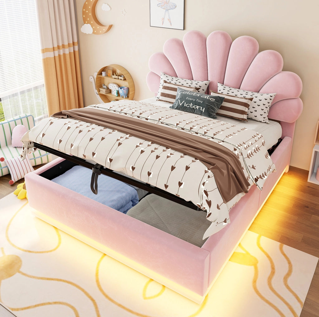 Letto imbottito 140 × 200 cm con contenitore idraulico e LED; velluto rosa