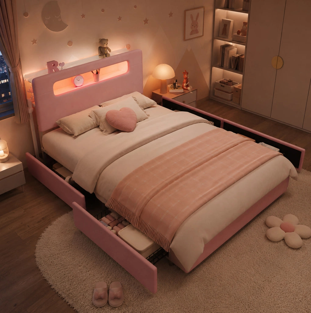 Letto imbottito ULEVR 140x200 cm rosa con 4 cassetti laterali, testiera con vano aperto e LED controllato tramite app