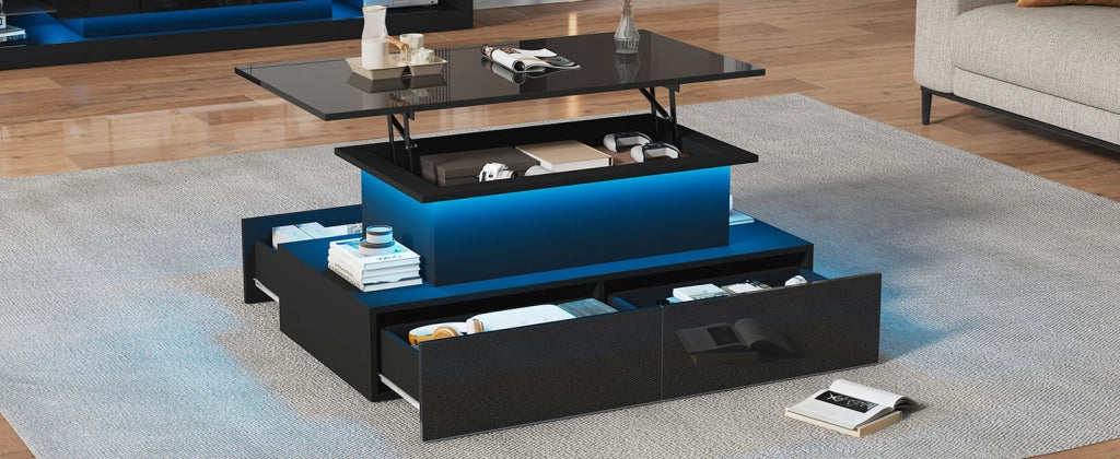 Tavolino da caffè con luci led nero lucido 4 cassetti 90x55x41 cm
