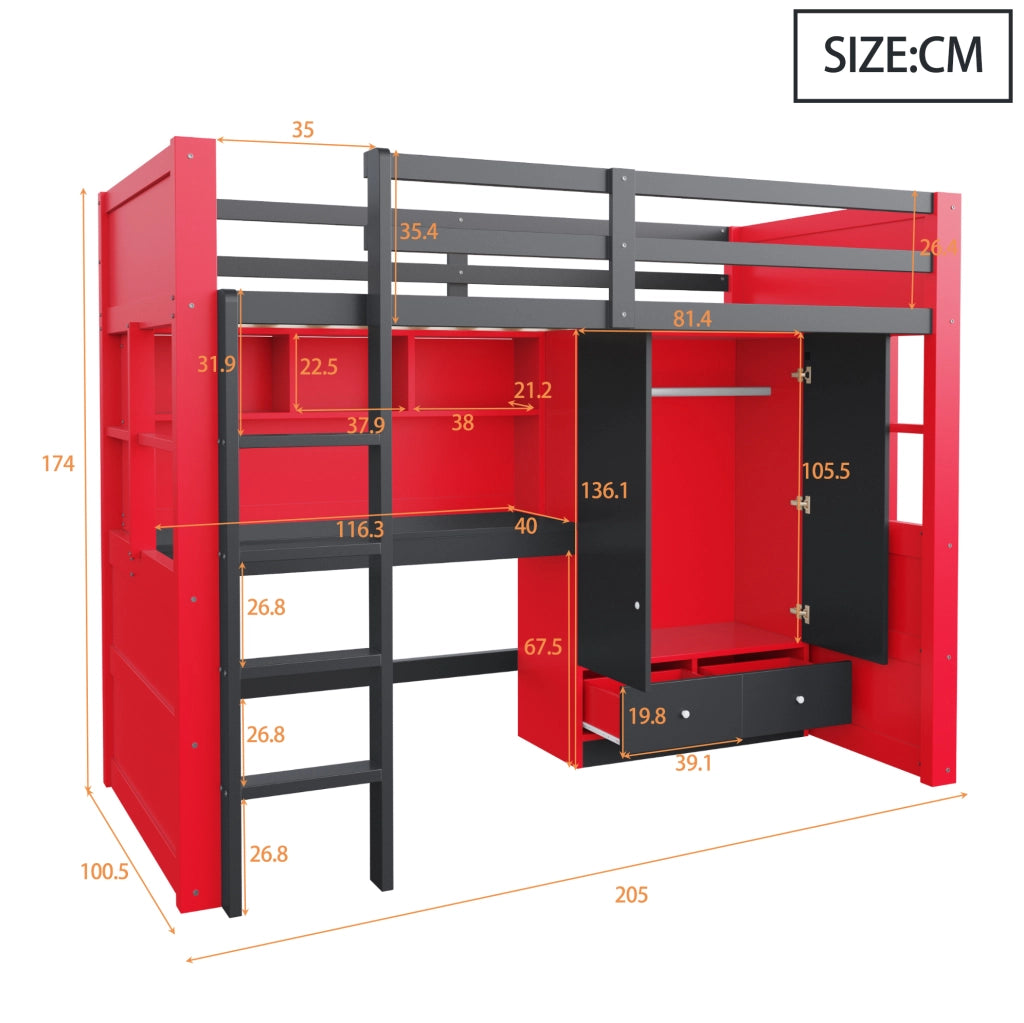 Letto a soppalco 90x200 cm in legno con scaletta, armadio, cassetti, scrivania e illuminazione LED, colore nero e rosso, stile gaming per bambini e ragazzi