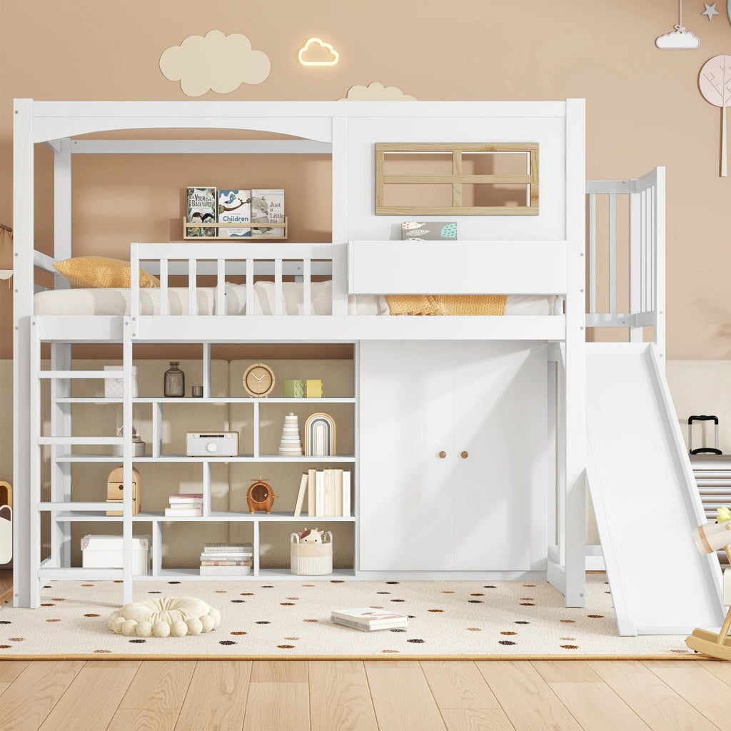 Letto a soppalco per bambini con scivolo; armadio e ripiani; in pino; MDF e compensato; bianco e naturale; 90x200 cm