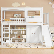 Letto a soppalco per bambini con scivolo; armadio e ripiani; in pino; MDF e compensato; bianco e naturale; 90x200 cm