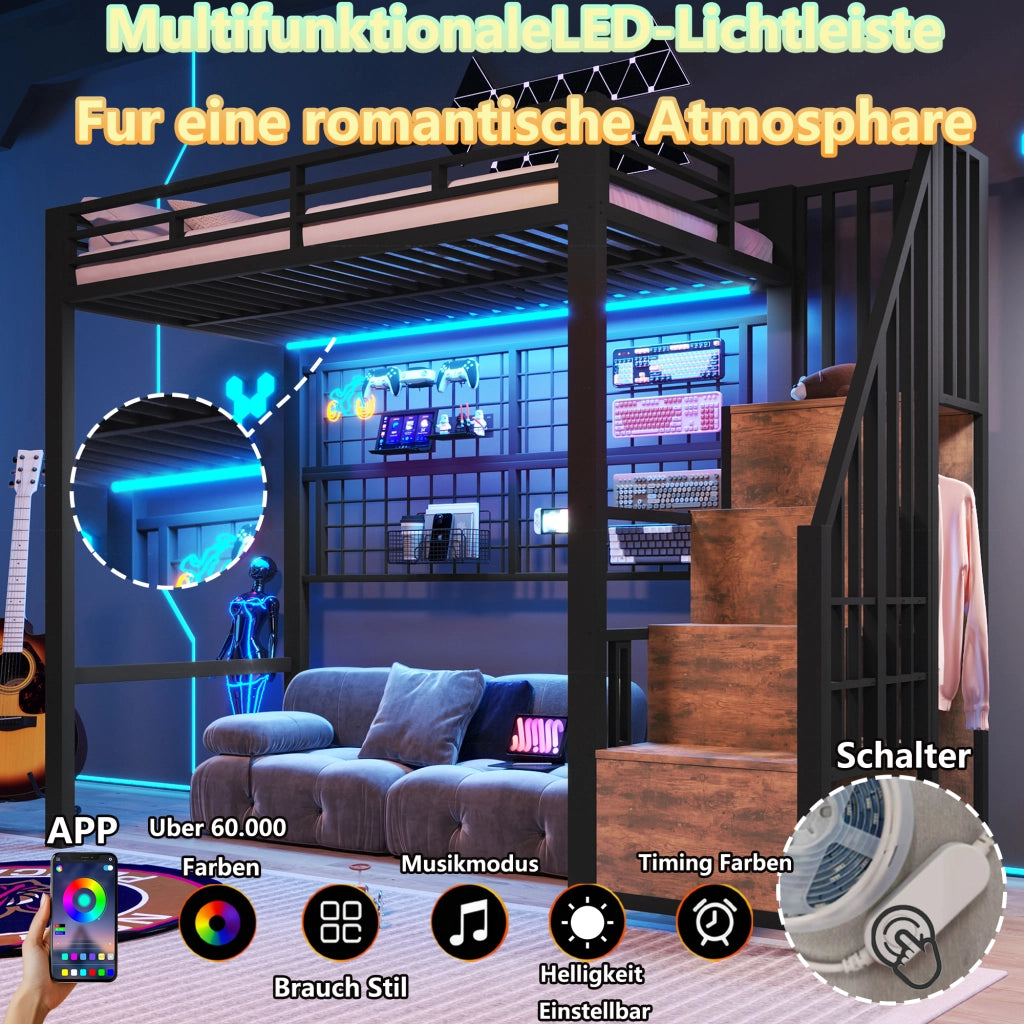 Letto a soppalco 90 × 200 cm con armadio scala contenitore griglia sospesa LED a 7 colori in metallo nero