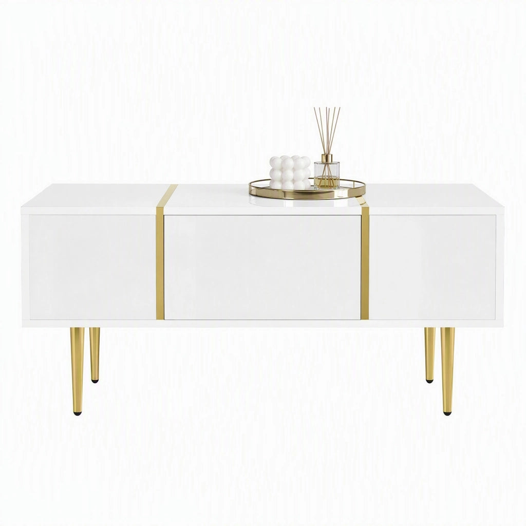 Tavolino da caffè moderno bianco lucido 100 x 60 x 41;5 cm in MDF con 2 cassetti