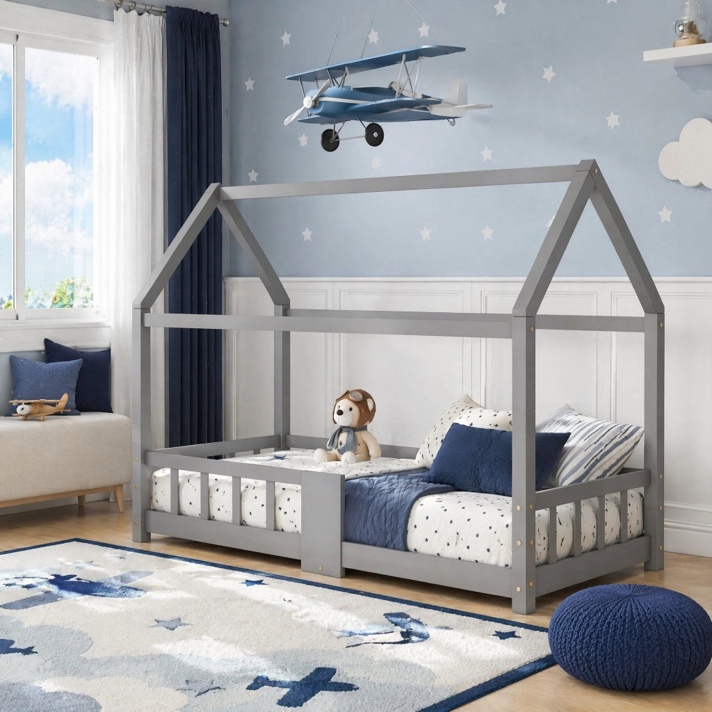 Letto a casetta per bambini 90x200 cm in legno di pino grigio con lavagna