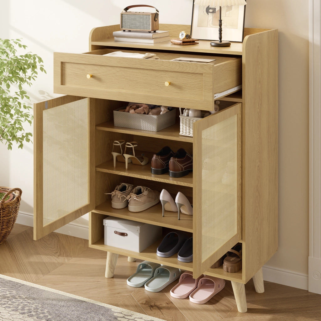 Mobile contenitore con ante, cassetto e ripiani in rovere chiaro 80x105x35 cm