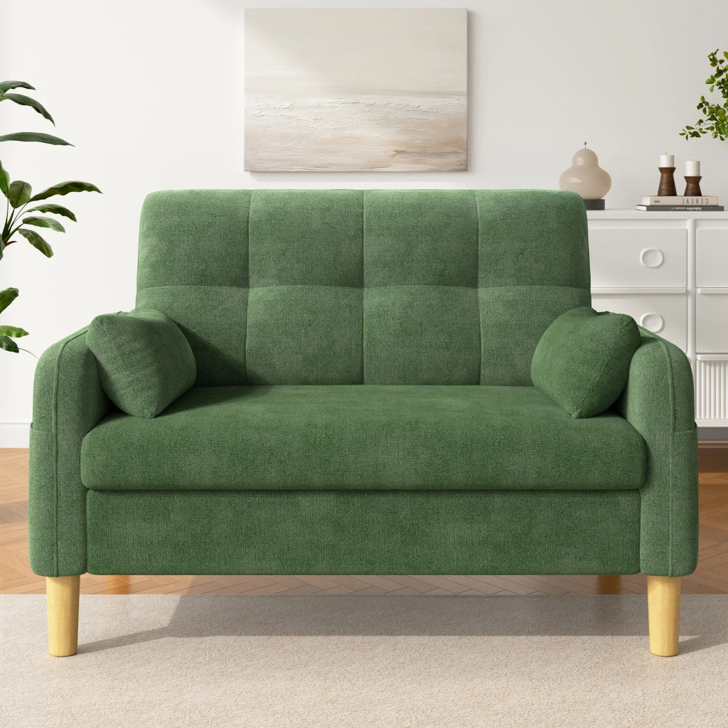 Divano 2 posti 119x78x85 cm in ciniglia verde con 2 cuscini e tasca laterale