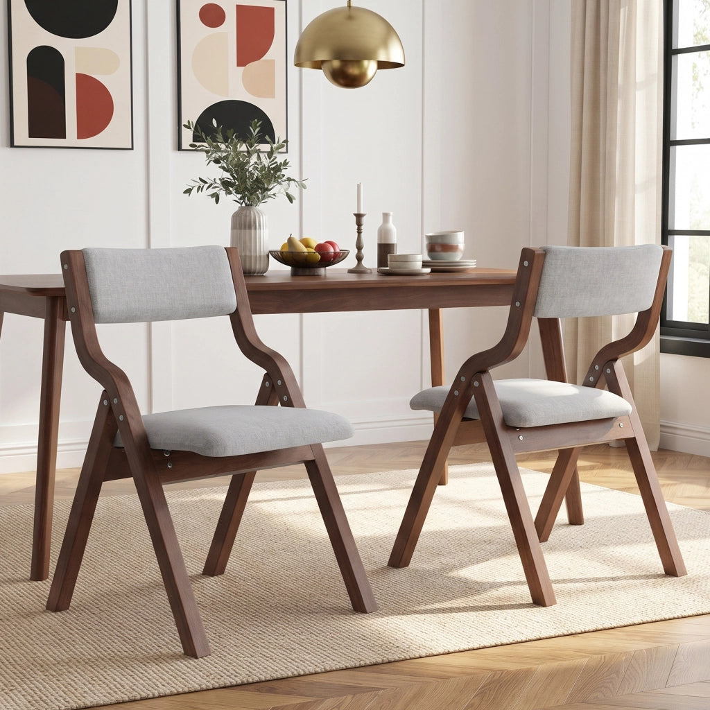 Set di 4 sedie pieghevoli da pranzo in legno massello e lino grigio