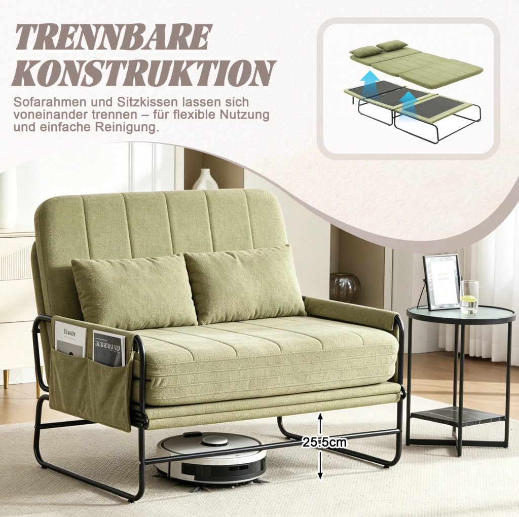 Divano letto 2 posti trasformabile 104x200 cm in chenille e metallo; verde oliva