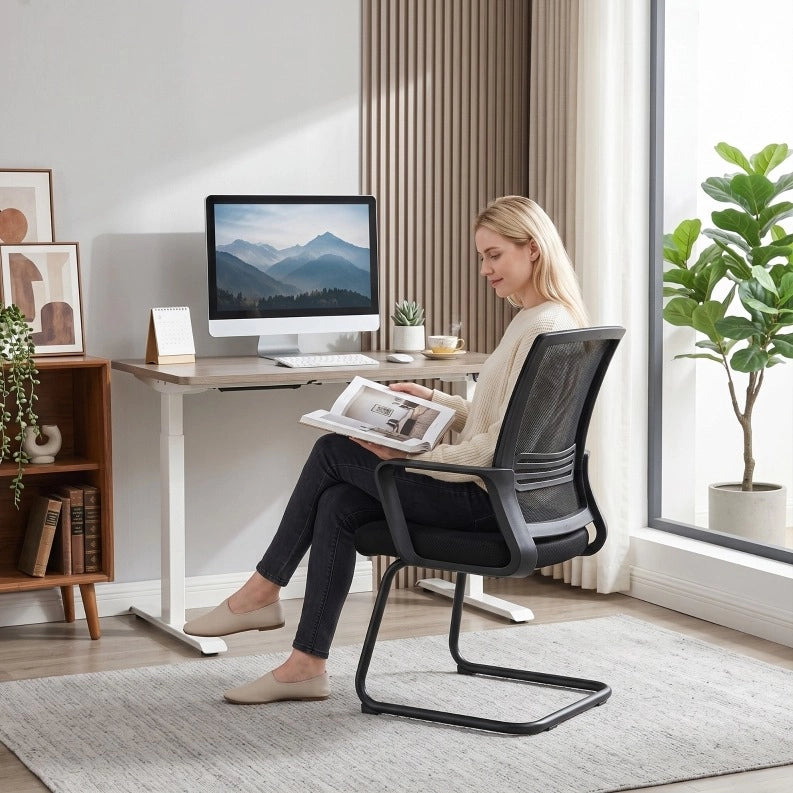 Set di 2 sedie ergonomiche da scrivania senza ruote con struttura a slitta, imbottite, nere, per sala d'attesa e reception