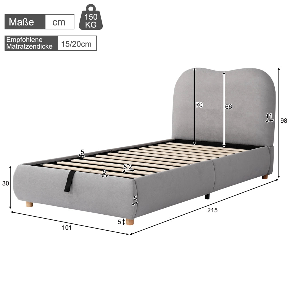 DESMIU Letto Bambino 90 × 200 cm con contenitore idraulico, testiera imbottita e senza materasso, in lino, grigio