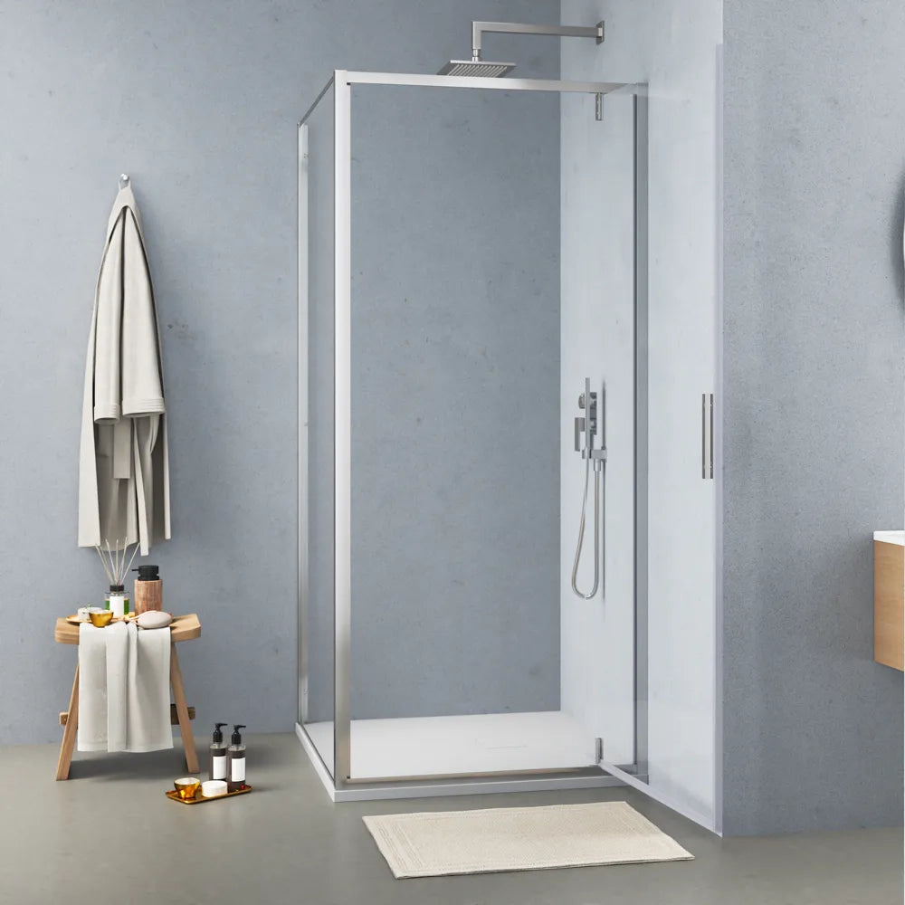 Box doccia cromato 90x80cm con anta a battente da 90cm e parete fissa da 80cm vetro 6mm trasparente anticalcare h190 | Lerici