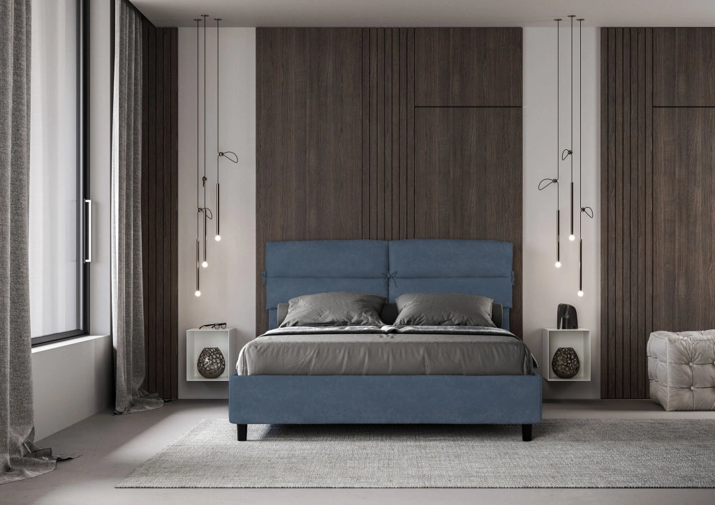 BS COM Letto matrimoniale con rete imbottito 160x190 microfibra blu