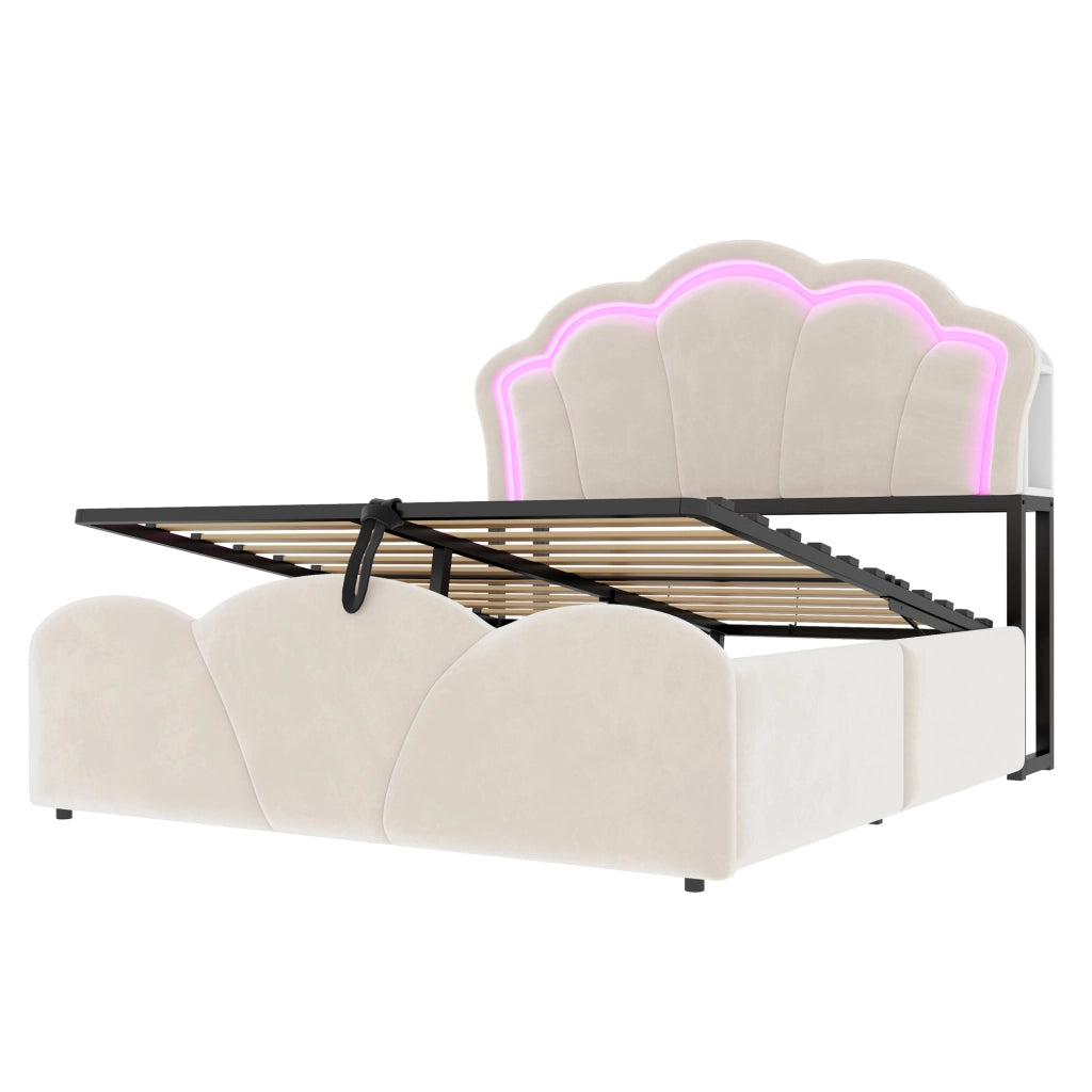 Letto imbottito 140 × 200 cm con contenitore idraulico in velluto beige LED prese e vani nella testiera