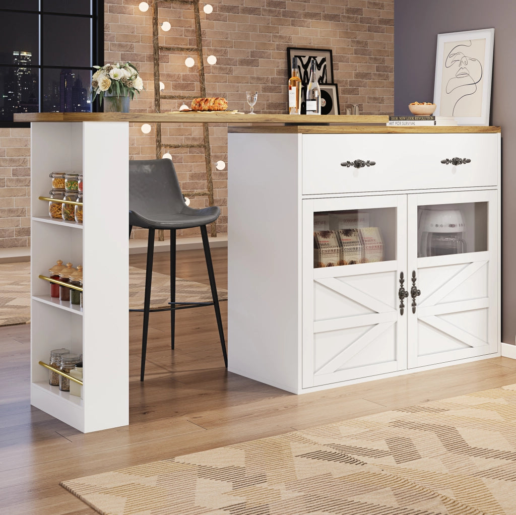 Tavolo bar girevole ed estensibile con contenitore 138-204x39x104 cm in MDF bianco con ripiani