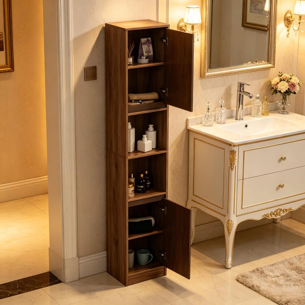 Colonna da bagno con 2 armadietti; 2 vani aperti e ripiani regolabili in MDF grigio effetto rovere 30 × 24 × 170 cm