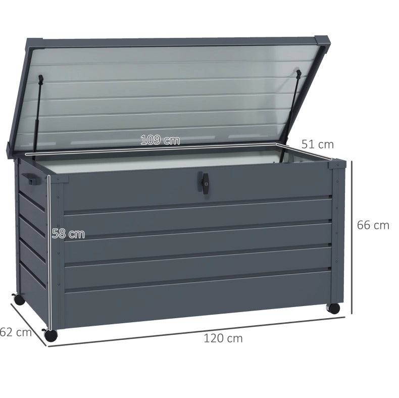 Cassapanca da Esterno in Acciaio Zincato, 311 L, con Ruote e Coperchio Bloccare, 120x62x66 cm, Grigio Scuro
