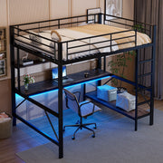 LETTO a soppalco 140x200 cm Metallo Nero con scrivania, ripiani, LED, USB