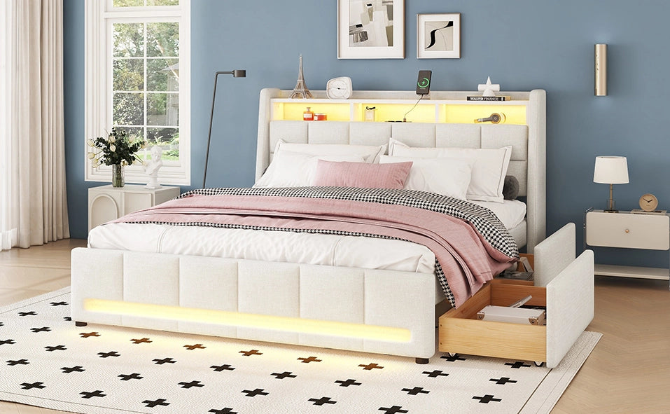 Letto imbottito 140x200 cm con cassetti, luce LED a controllo APP, tessuto lino beige, senza materasso