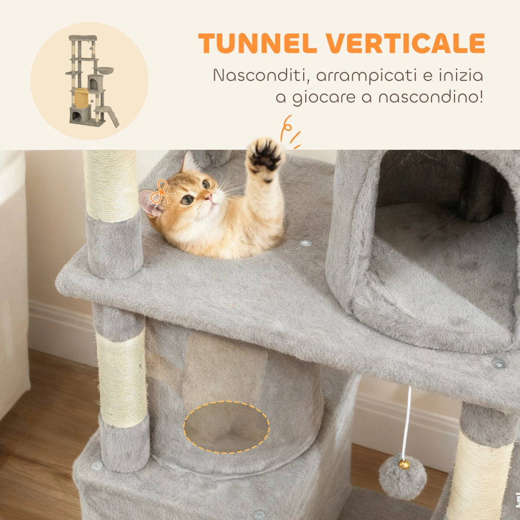 Tiragraffi per Gatti con 2 Casette e Amaca ¨C Xylo ¨C Grigio 60x40x170 cm