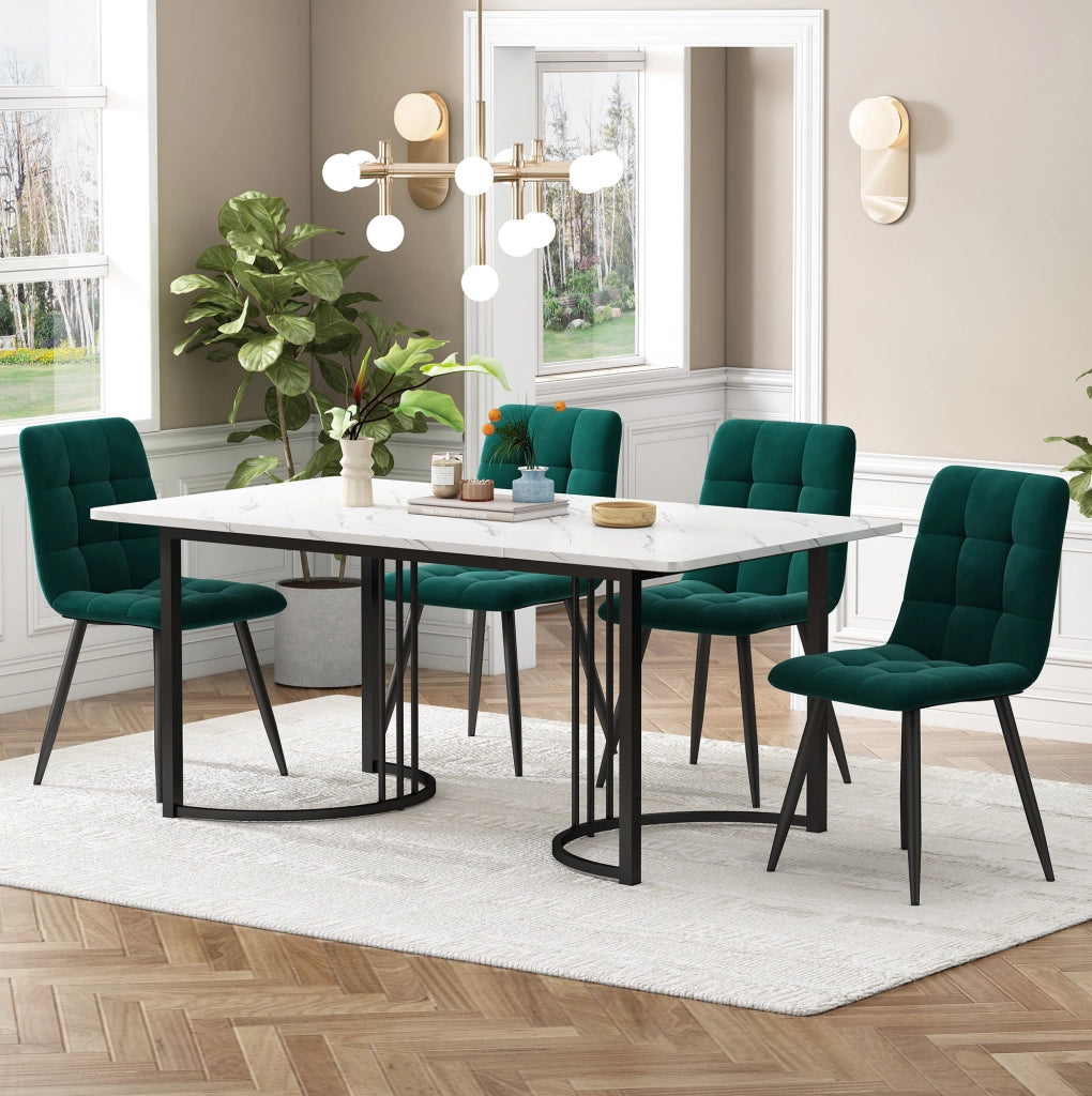 Set tavolo da pranzo 140x80 cm con 4 sedie in velluto; piano MDF effetto marmo bianco