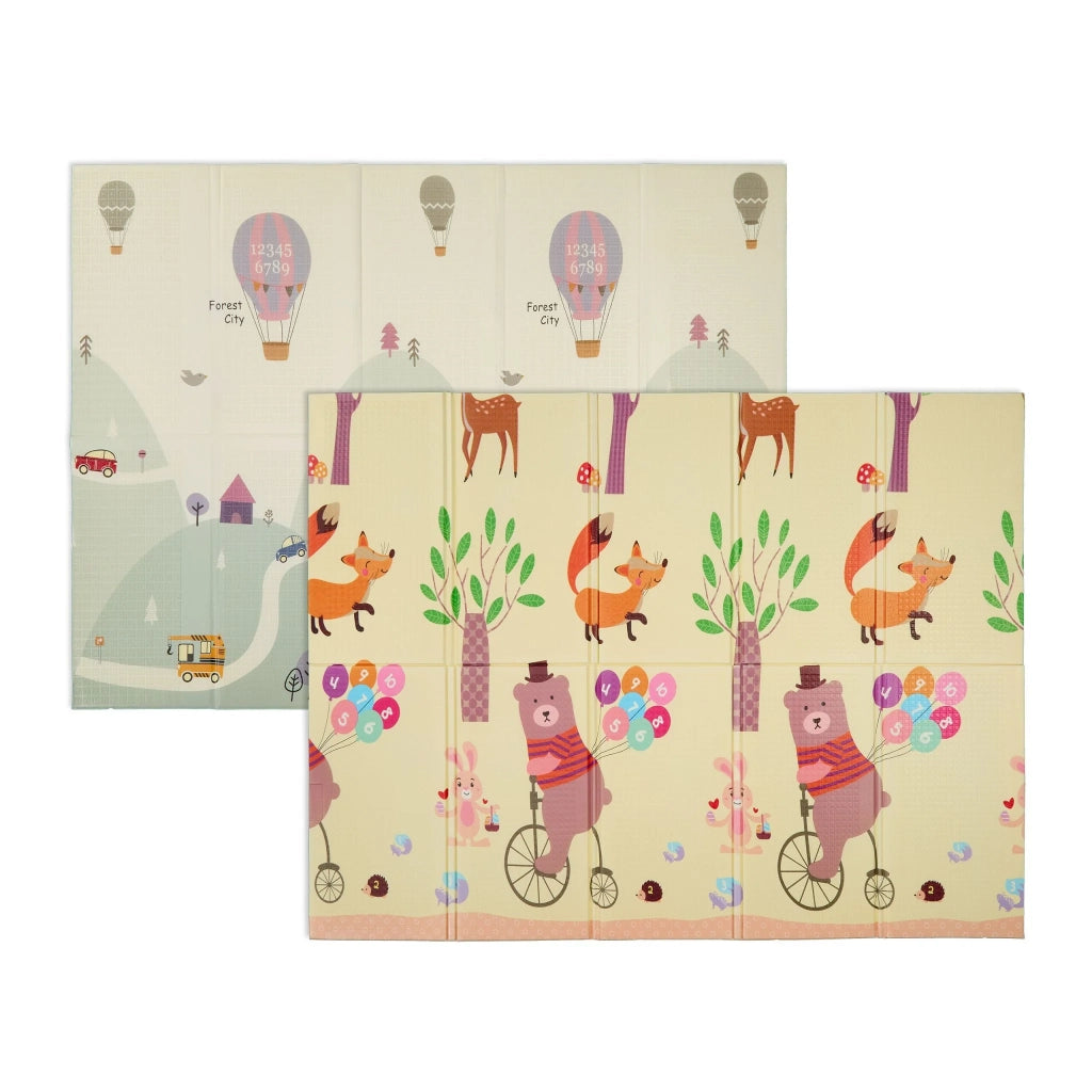 Tappeto gioco reversibile per bambini con motivi di animali e pista, 130 x 130 cm, antiscivolo, morbido, in schiuma, grigio, 13_0016137