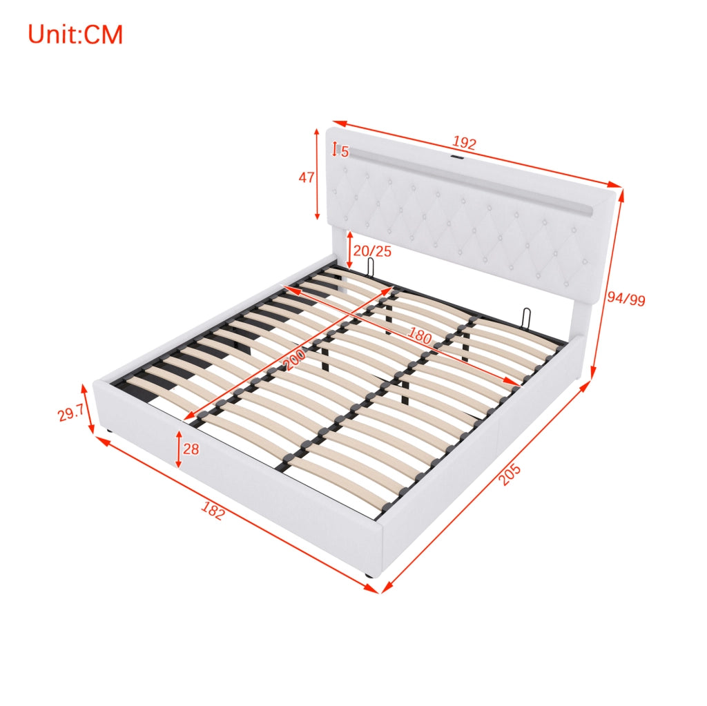 Letto imbottito 180x200 cm con contenitore, sollevamento idraulico, LED e USB, bianco