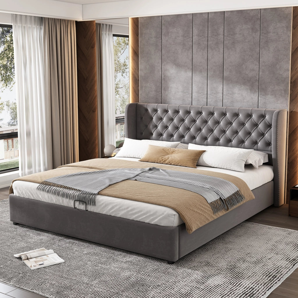 Letto imbottito matrimoniale a orecchio 160x200 cm in velluto con bottoni, sollevamento idraulico, rete a doghe e contenitore - Grigio