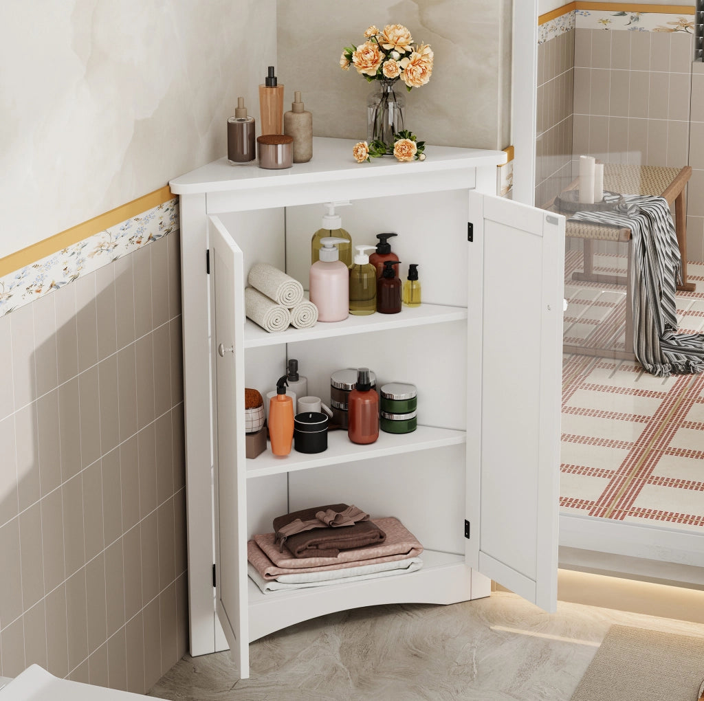 Mobile Armadietto Angolare Bianco per Bagno con 2 Ante e 3 Ripiani in MDF Laccato 61,5x80 cm