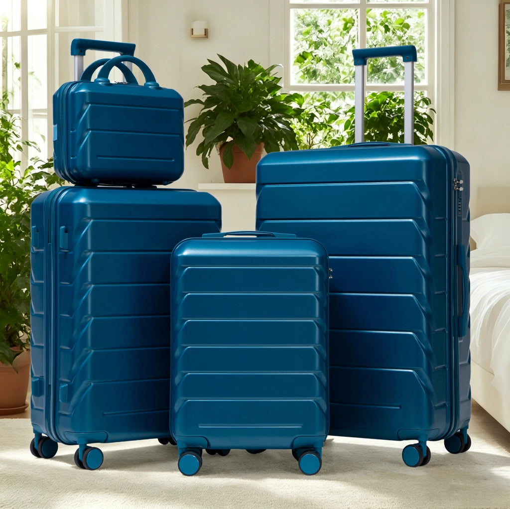 Set valigie rigide ULEVR 4 pezzi 19/24/28 pollici con beauty case 14 pollici, ABS blu scuro e ruote girevoli
