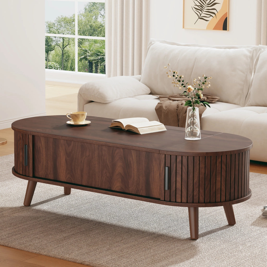 Tavolino da salotto elevabile con vano nascosto e 4 ripiani laterali, in MDF, noce, 120 × 50 × 39.5 cm