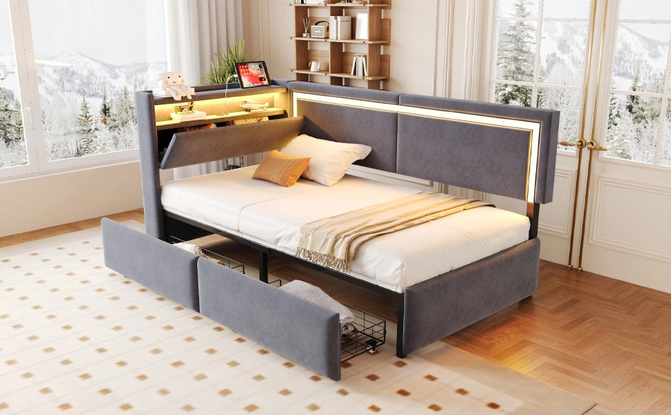 Divano letto imbottito 90×200 cm in velluto grigio scuro con testiera contenitore apribile, luci LED e porta USB, senza materasso