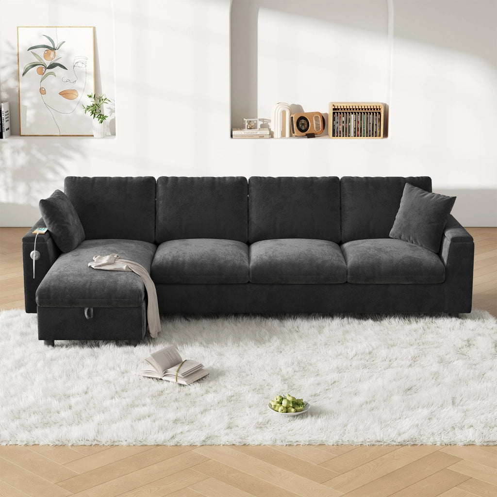Divano angolare con funzione letto e chaise longue reversibile tavolino pieghevole porte USB e Type C contenitore braccioli chenille grigio