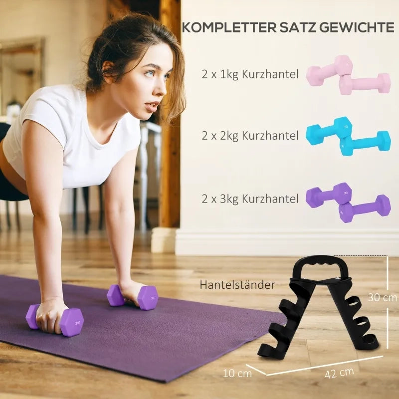 Set Manubri con Supporto, 6 Pezzi per Fitness: 2x1kg, 2x2kg, 2x3kg