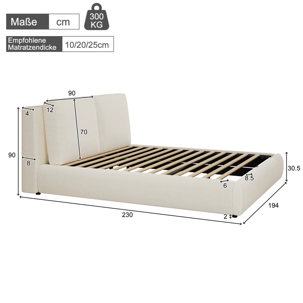 Letto matrimoniale imbottito YEAVIO 180x200 cm con contenitore, rete a doghe e testiera in bouclé beige