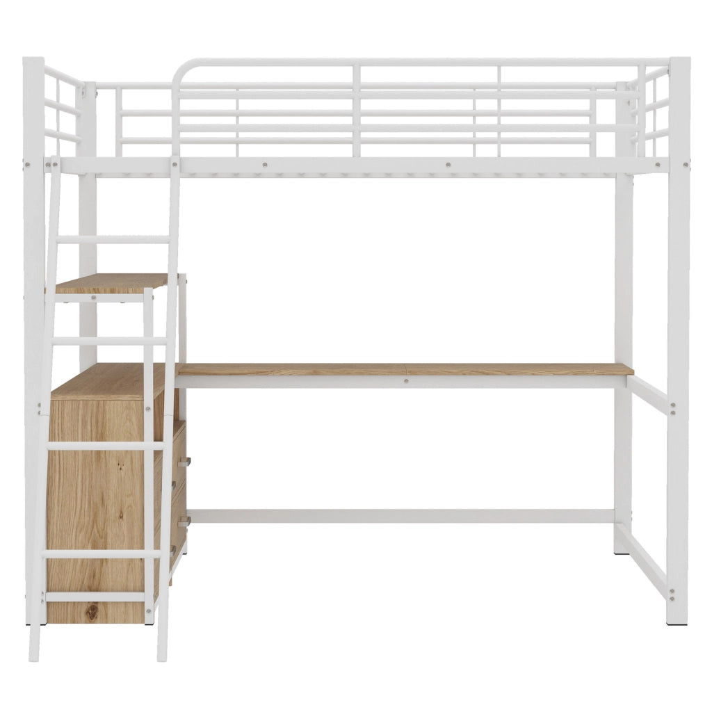 Letto a soppalco bianco 140x200 cm in metallo e MDF con scrivania a L e cassetti