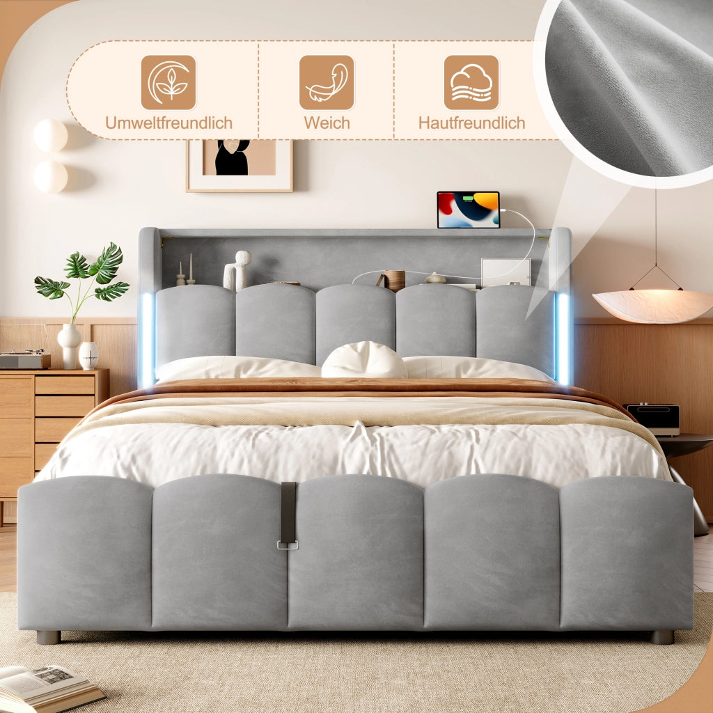 Letto contenitore 140 × 200 cm matrimoniale con vano idraulico; LED; USB e Type-C; senza materasso; in velluto grigio