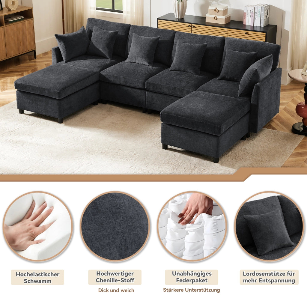 Divano modulare 4 posti configurabile a U o L con 2 pouf e 6 cuscini in chenille grigio, 278 × 161 × 81 cm