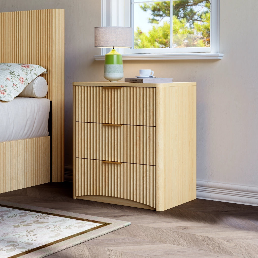 Comodino con 3 cassetti guide ammortizzate maniglie in metallo dorate MDF rovere 58 × 38 × 64 cm